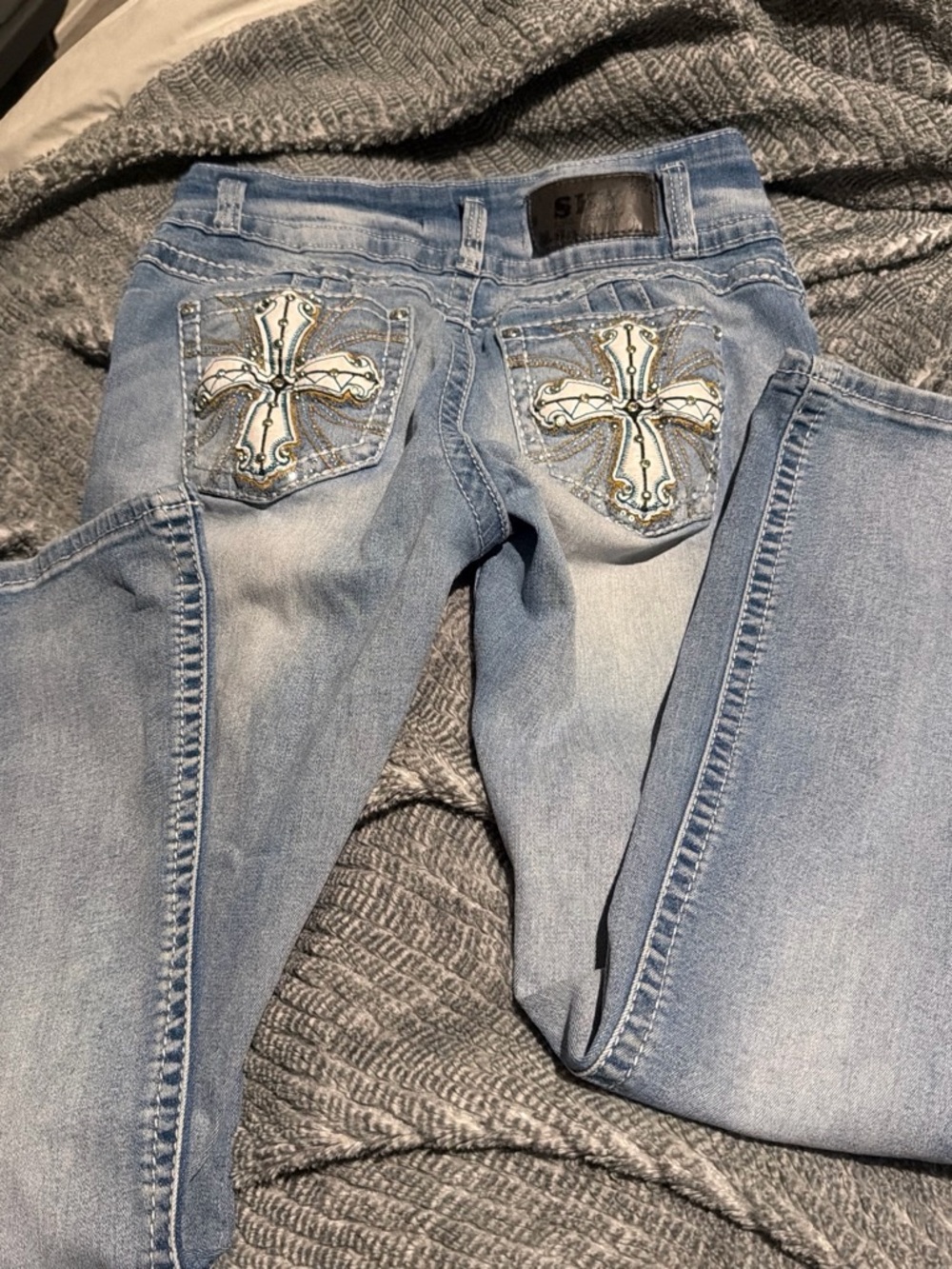 Sky Light Wash Bootcut Jeans with Embellished Cross Pockets